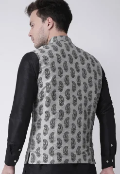 Printed Dupion Silk Nehru Jacket in Light Grey