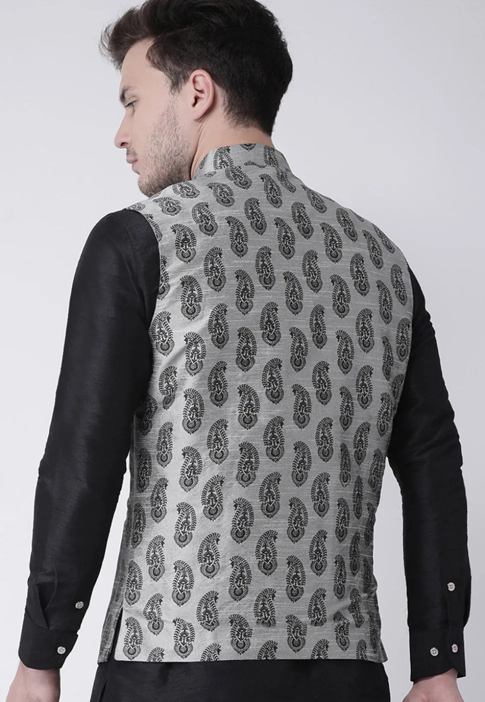 Printed Dupion Silk Nehru Jacket in Light Grey