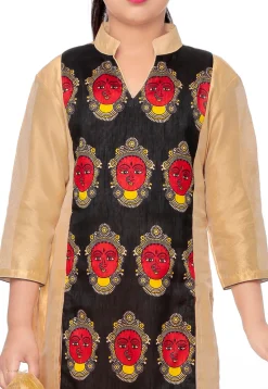 Printed Dupion Silk Straight Suit in Black and Beige