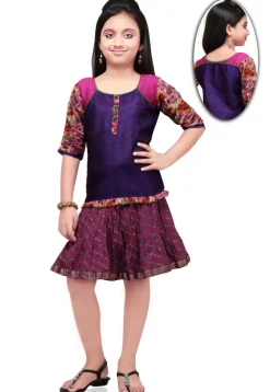 Printed Dupion Silk Top with Skirt in Purple