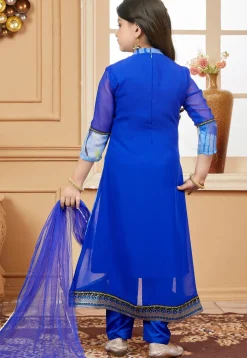 Printed Georgette A Line Suit in Royal Blue