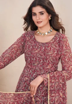 Printed Georgette A Line Suit in Maroon