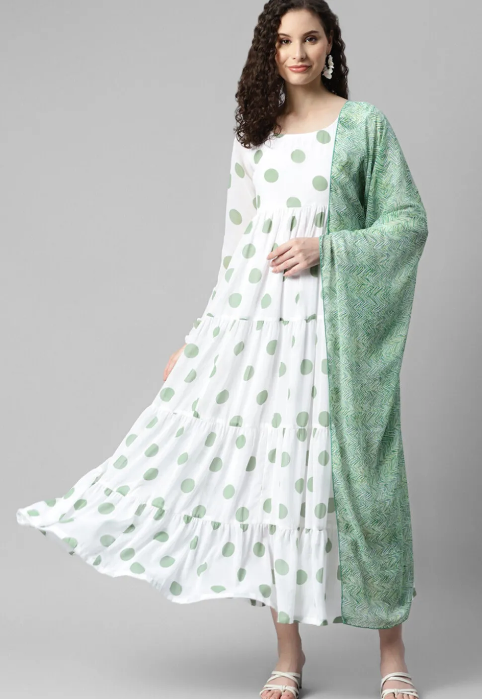Printed Georgette Abaya Style Suit in White