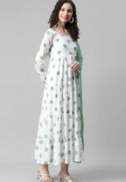 Printed Georgette Abaya Style Suit in White
