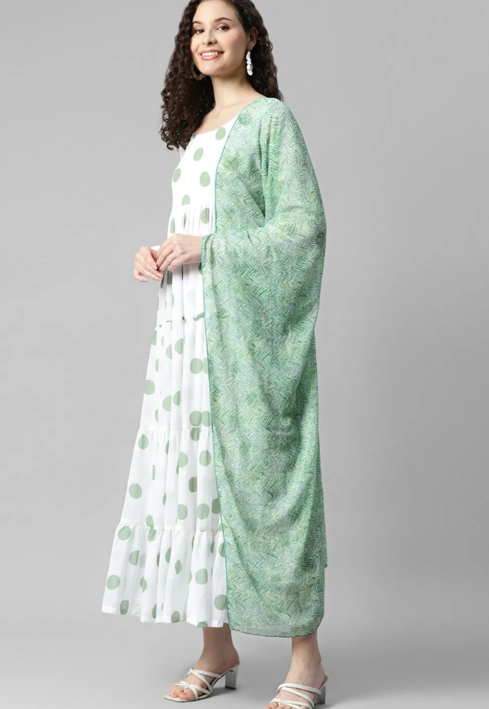 Printed Georgette Abaya Style Suit in White