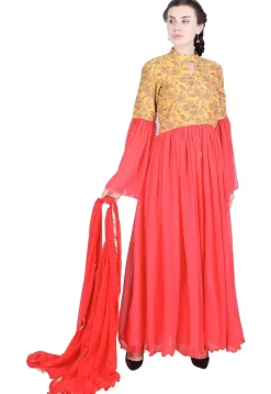 Printed Georgette Abaya Style Suit in Pink and Mustard