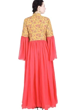 Printed Georgette Abaya Style Suit in Pink and Mustard
