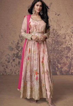 Printed Georgette Abaya Style Suit in Pink