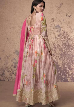 Printed Georgette Abaya Style Suit in Pink