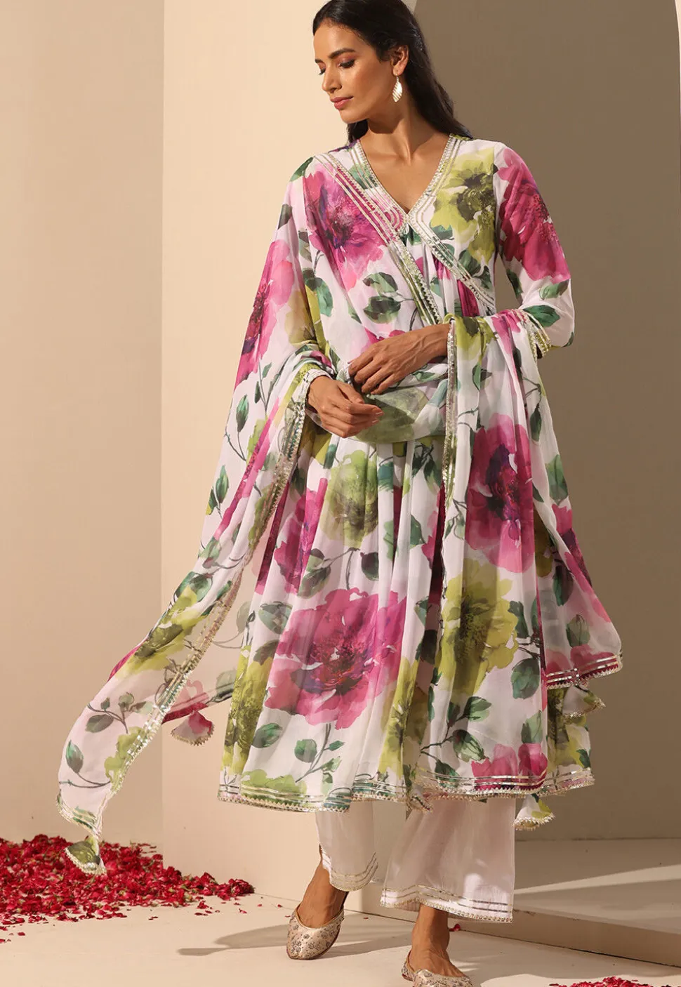 Printed Georgette Anarkali Suit in White