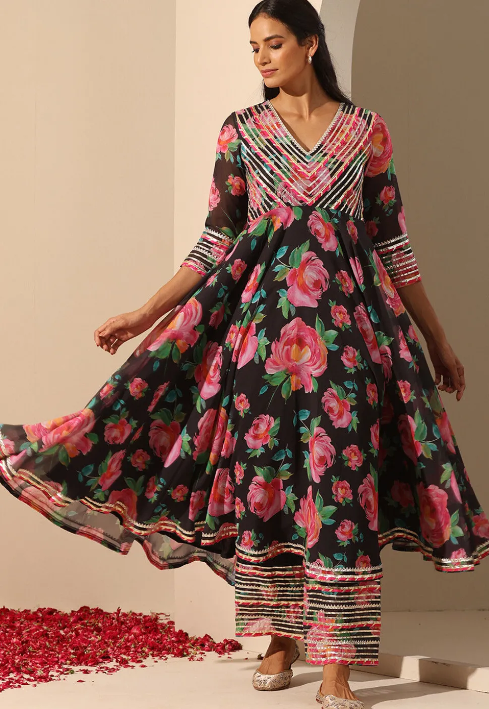 Printed Georgette Anarkali Suit in Black
