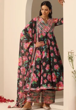 Printed Georgette Anarkali Suit in Black