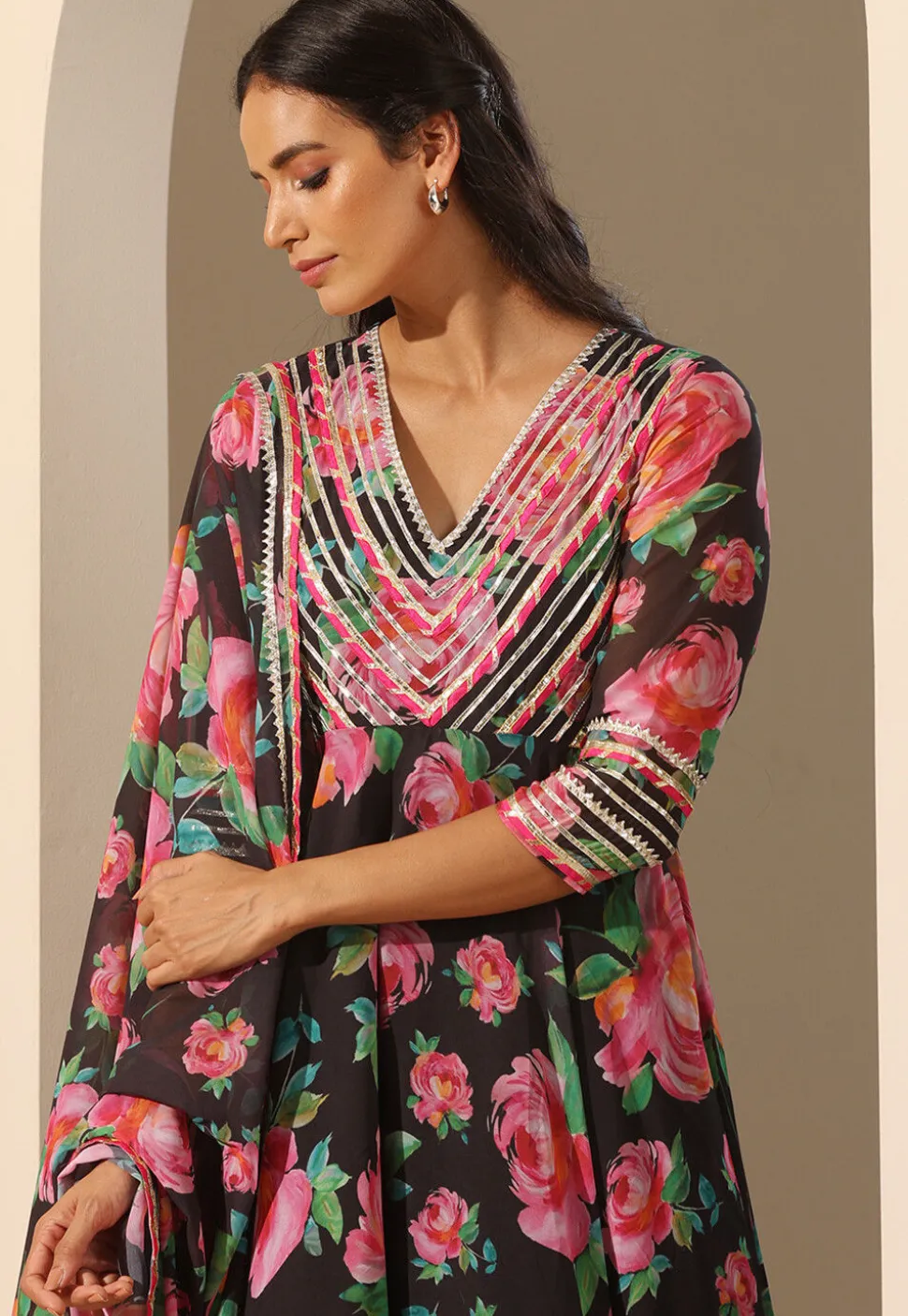 Printed Georgette Anarkali Suit in Black