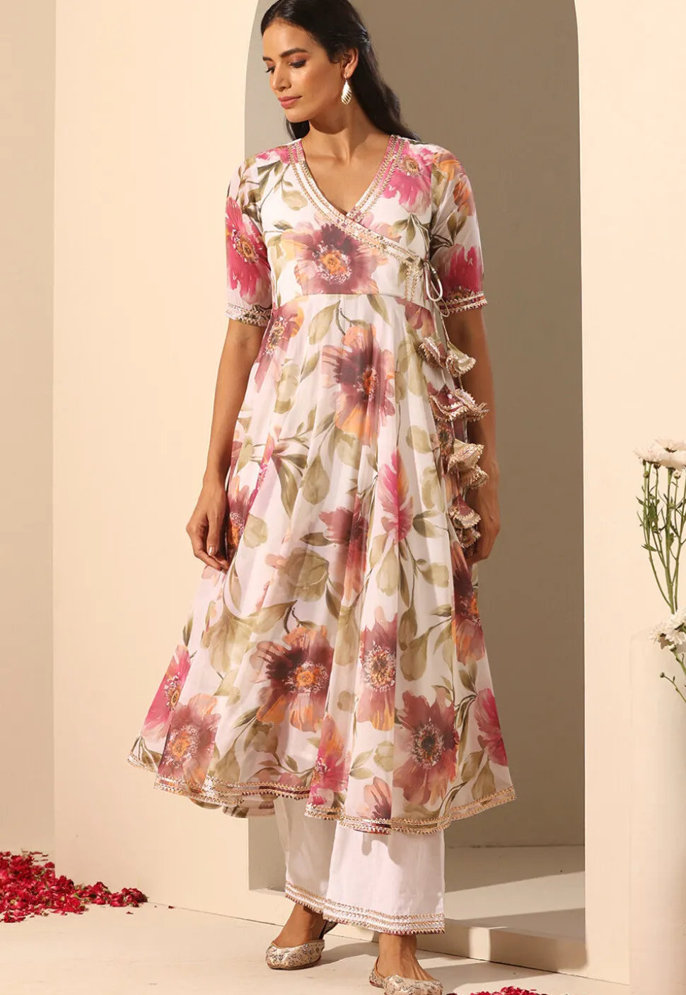 Printed Georgette Anarkali Suit in White