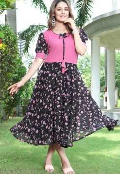Printed Georgette and Lycra Elastane Fit N Flare Dress in Black and Pink