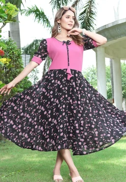 Printed Georgette and Lycra Elastane Fit N Flare Dress in Black and Pink