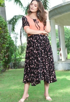 Printed Georgette and Lycra Elastane Fit N Flare Dress in Black and Peach
