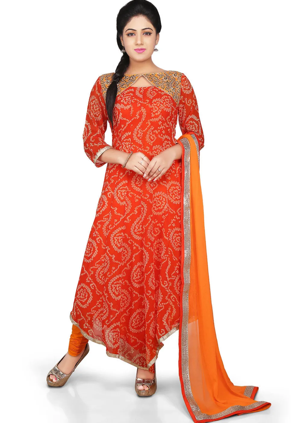Printed Georgette Asymmetric Anarkali Suit in Orange