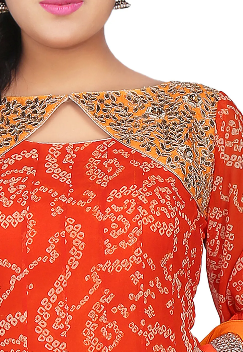 Printed Georgette Asymmetric Anarkali Suit in Orange