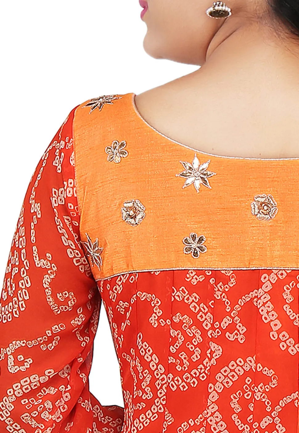Printed Georgette Asymmetric Anarkali Suit in Orange