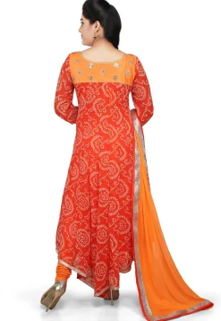 Printed Georgette Asymmetric Anarkali Suit in Orange