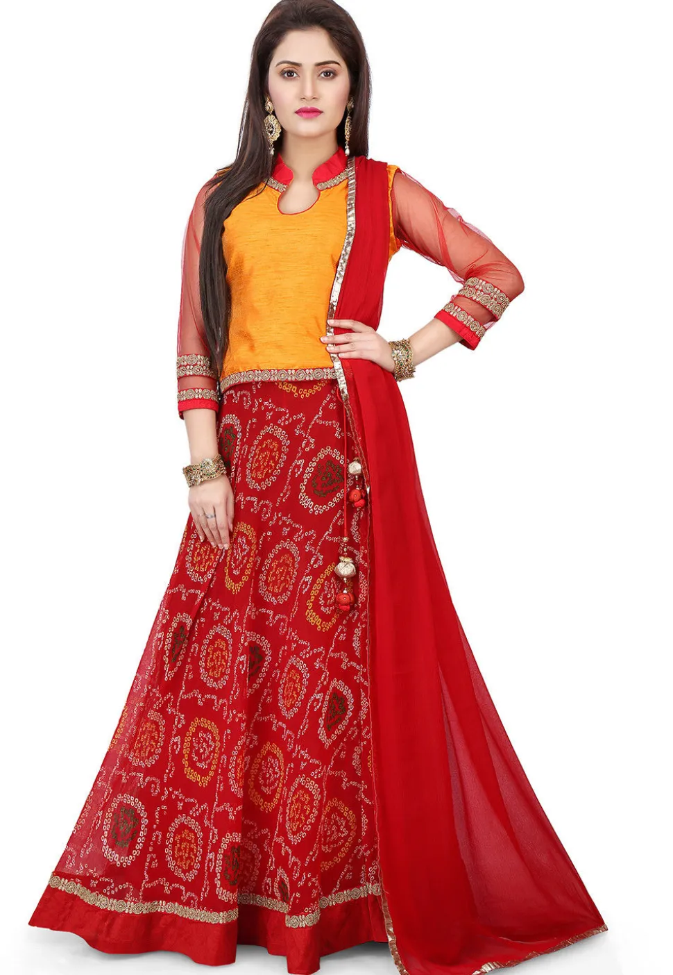 Printed Georgette Circular Lehenga in Red