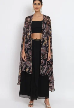 Printed Georgette Crop Top Set with Jacket in Black