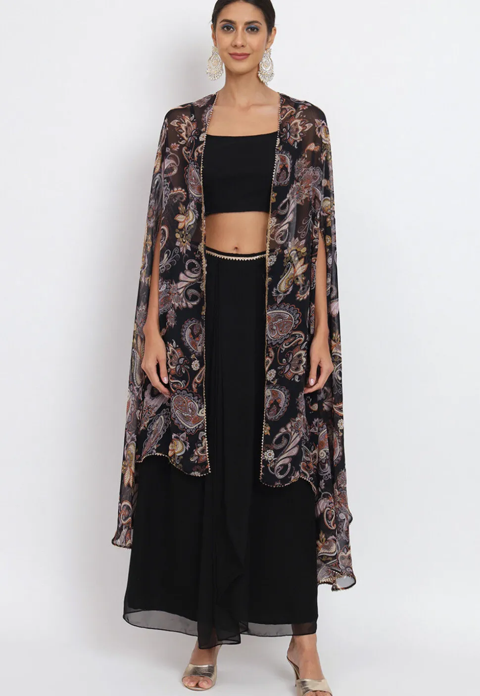 Printed Georgette Crop Top Set with Jacket in Black