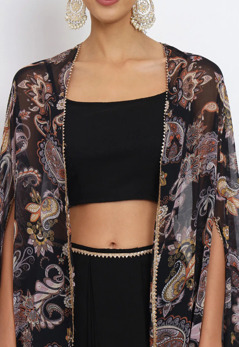 Printed Georgette Crop Top Set with Jacket in Black