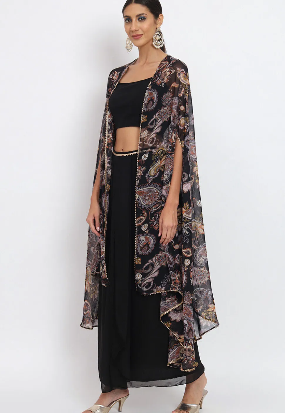 Printed Georgette Crop Top Set with Jacket in Black