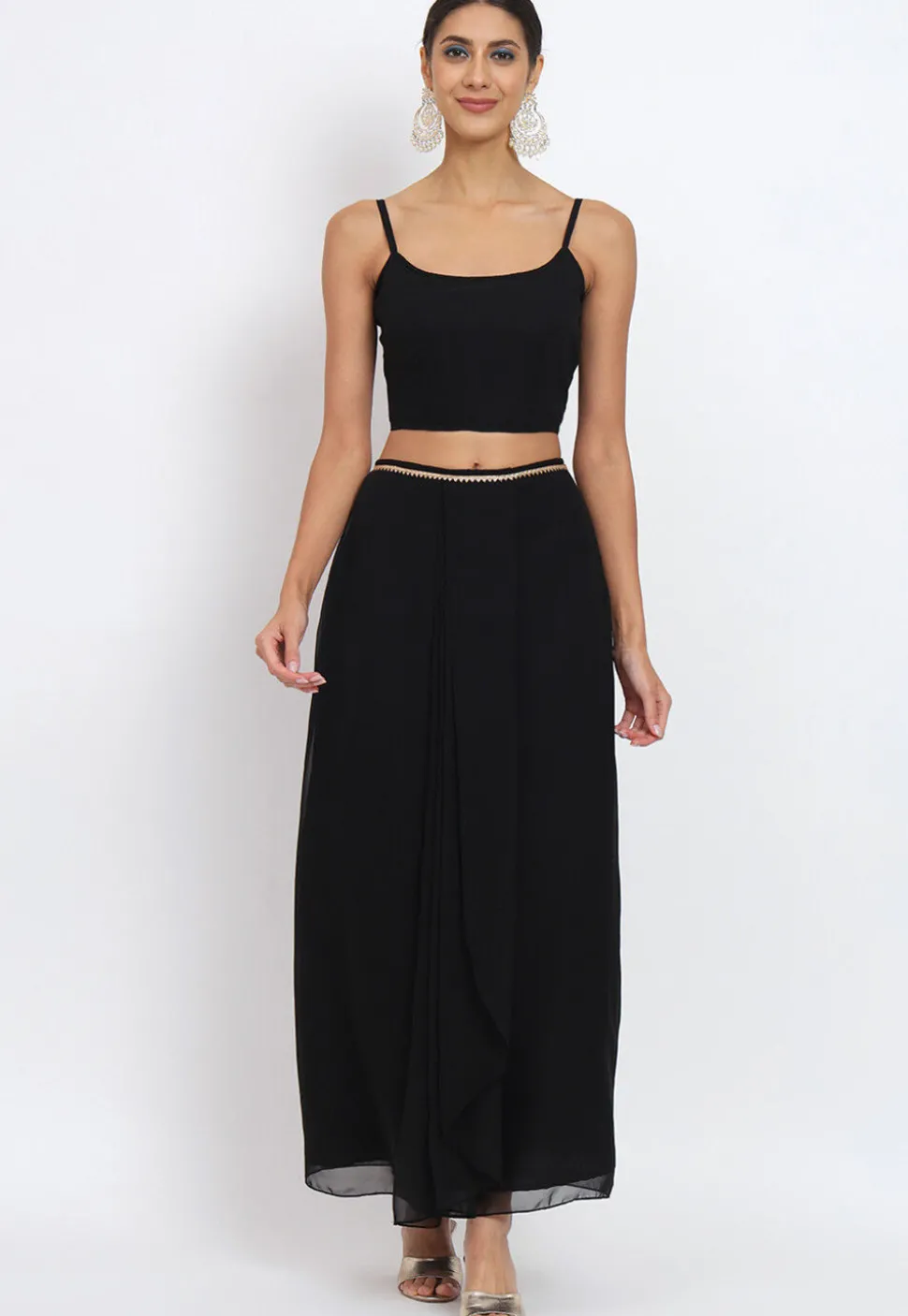 Printed Georgette Crop Top Set with Jacket in Black