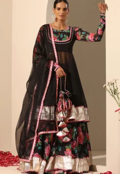 Printed Georgette Lehenga in Black