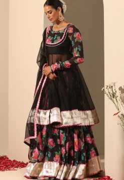 Printed Georgette Lehenga in Black