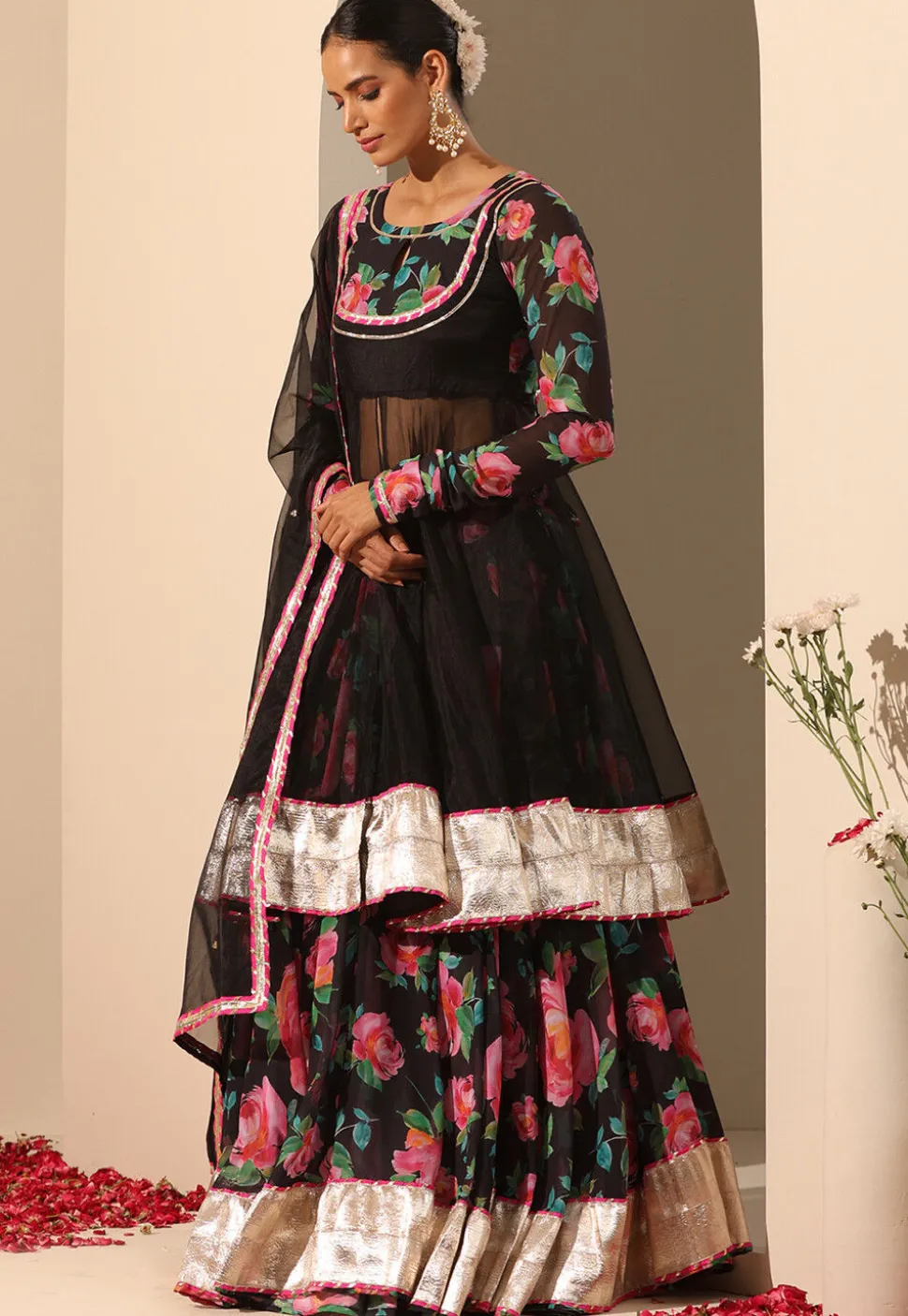 Printed Georgette Lehenga in Black