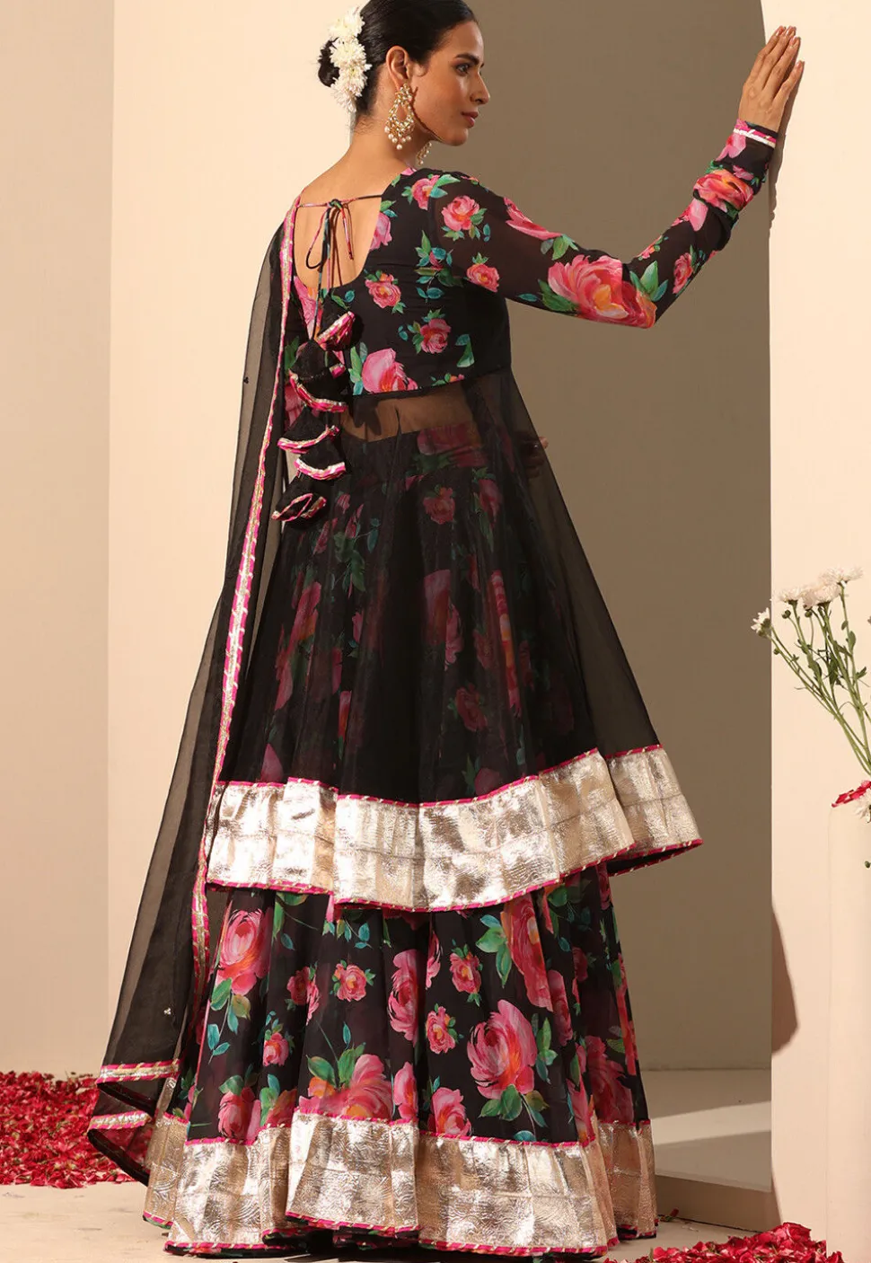 Printed Georgette Lehenga in Black