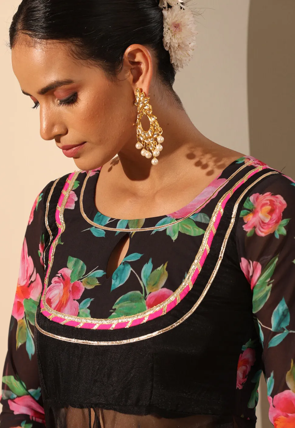 Printed Georgette Lehenga in Black