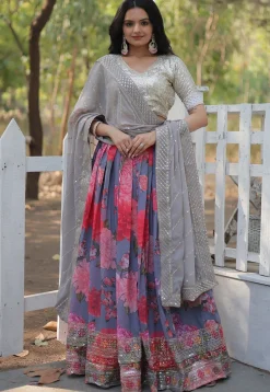 Printed Georgette Lehenga in Grey