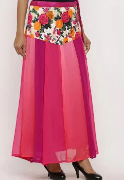 Printed Georgette Panelled Skirt in Multicolor