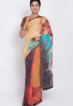 Printed Georgette Saree in Beige and Multicolor