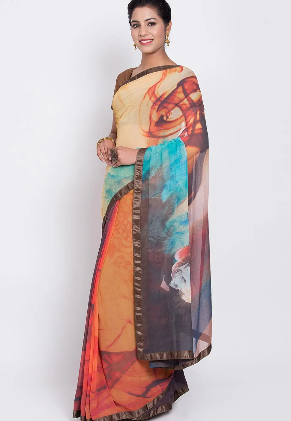 Printed Georgette Saree in Beige and Multicolor