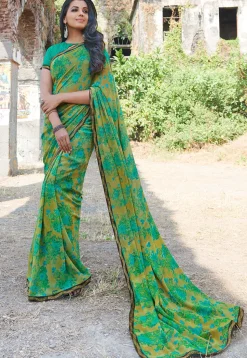 Printed Georgette Saree in Beige and Teal Green