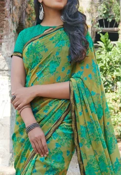 Printed Georgette Saree in Beige and Teal Green