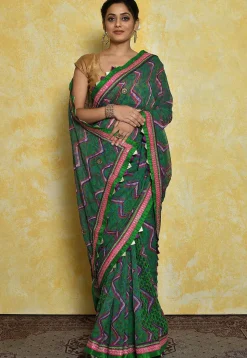 Printed Georgette Saree in Green