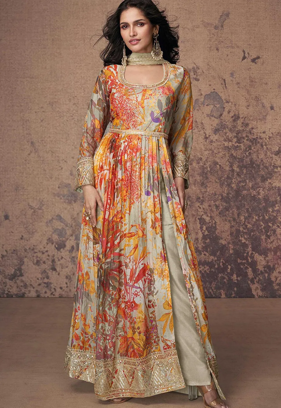 Printed Georgette Side Slit Abaya Style Suit in Beige