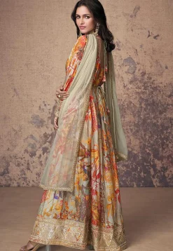 Printed Georgette Side Slit Abaya Style Suit in Beige