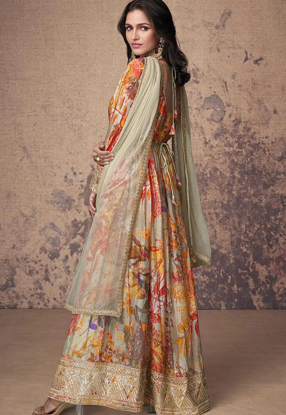 Printed Georgette Side Slit Abaya Style Suit in Beige