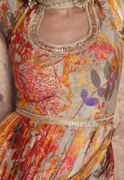 Printed Georgette Side Slit Abaya Style Suit in Beige
