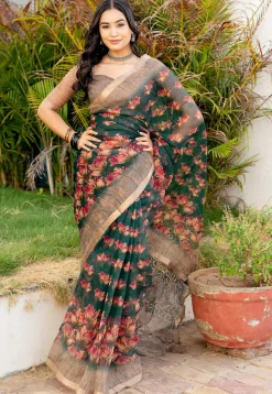 Printed Kota Doriya Saree in Dark Green