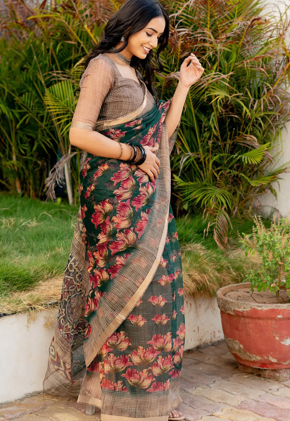 Printed Kota Doriya Saree in Dark Green