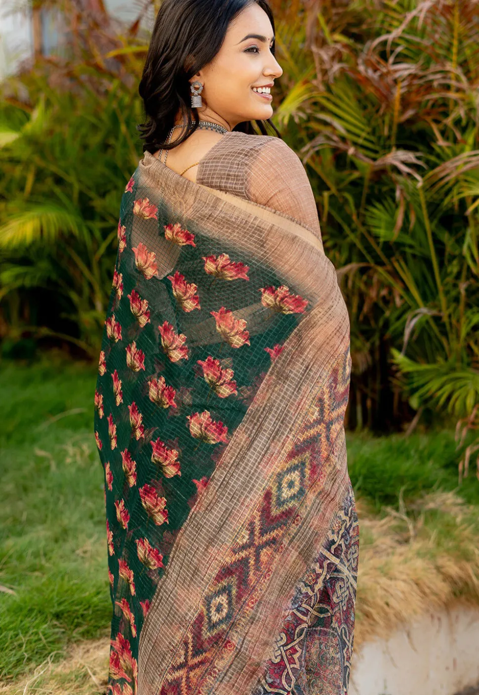 Printed Kota Doriya Saree in Dark Green